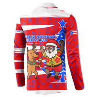 Puerto Rico Christmas Button Sweatshirt with Dancing Santa Reindeer Blue Tree and Festive Flag Design - Wonder Print Shop