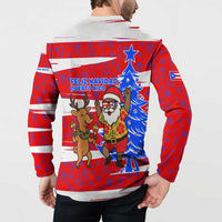 Puerto Rico Christmas Button Sweatshirt with Dancing Santa Reindeer Blue Tree and Festive Flag Design - Wonder Print Shop