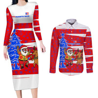 Puerto Rico Christmas Couples Matching Long Sleeve Bodycon Dress and Long Sleeve Button Shirt with Dancing Santa Reindeer Blue Tree and Festive Flag Design - Wonder Print Shop