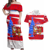 Puerto Rico Christmas Couples Matching Off Shoulder Maxi Dress and Hawaiian Shirt with Dancing Santa Reindeer Blue Tree and Festive Flag Design - Wonder Print Shop