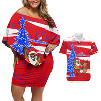 Puerto Rico Christmas Couples Matching Off Shoulder Short Dress and Hawaiian Shirt with Dancing Santa Reindeer Blue Tree and Festive Flag Design - Wonder Print Shop