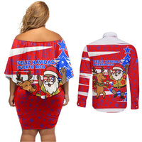 Puerto Rico Christmas Couples Matching Off Shoulder Short Dress and Long Sleeve Button Shirt with Dancing Santa Reindeer Blue Tree and Festive Flag Design - Wonder Print Shop