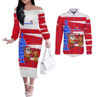 Puerto Rico Christmas Couples Matching Off The Shoulder Long Sleeve Dress and Long Sleeve Button Shirt with Dancing Santa Reindeer Blue Tree and Festive Flag Design - Wonder Print Shop