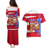 Puerto Rico Christmas Couples Matching Puletasi and Hawaiian Shirt with Dancing Santa Reindeer Blue Tree and Festive Flag Design - Wonder Print Shop
