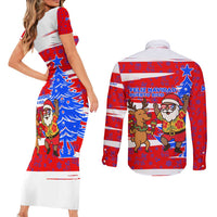 Puerto Rico Christmas Couples Matching Short Sleeve Bodycon Dress and Long Sleeve Button Shirt with Dancing Santa Reindeer Blue Tree and Festive Flag Design - Wonder Print Shop