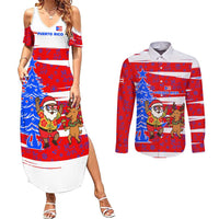 Puerto Rico Christmas Couples Matching Summer Maxi Dress and Long Sleeve Button Shirt with Dancing Santa Reindeer Blue Tree and Festive Flag Design - Wonder Print Shop