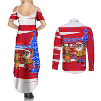 Puerto Rico Christmas Couples Matching Summer Maxi Dress and Long Sleeve Button Shirt with Dancing Santa Reindeer Blue Tree and Festive Flag Design - Wonder Print Shop