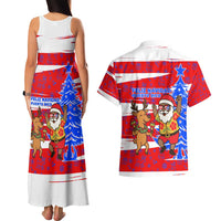 Puerto Rico Christmas Couples Matching Tank Maxi Dress and Hawaiian Shirt with Dancing Santa Reindeer Blue Tree and Festive Flag Design - Wonder Print Shop