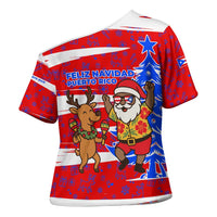 Puerto Rico Christmas Cross Shoulder Shirt with Dancing Santa Reindeer Blue Tree and Festive Flag Design - Wonder Print Shop