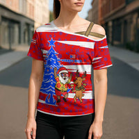 Puerto Rico Christmas Cross Shoulder Shirt with Dancing Santa Reindeer Blue Tree and Festive Flag Design - Wonder Print Shop