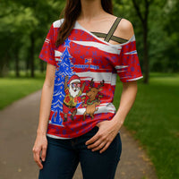 Puerto Rico Christmas Cross Shoulder Shirt with Dancing Santa Reindeer Blue Tree and Festive Flag Design - Wonder Print Shop