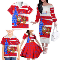 Puerto Rico Christmas Family Matching Off The Shoulder Long Sleeve Dress and Hawaiian Shirt with Dancing Santa Reindeer Blue Tree and Festive Flag Design - Wonder Print Shop
