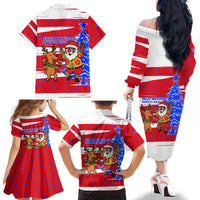 Puerto Rico Christmas Family Matching Off The Shoulder Long Sleeve Dress and Hawaiian Shirt with Dancing Santa Reindeer Blue Tree and Festive Flag Design - Wonder Print Shop