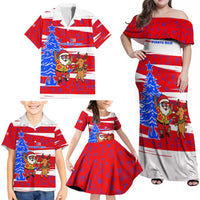 Puerto Rico Christmas Family Matching Off Shoulder Maxi Dress and Hawaiian Shirt with Dancing Santa Reindeer Blue Tree and Festive Flag Design - Wonder Print Shop