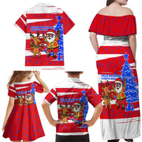Puerto Rico Christmas Family Matching Off Shoulder Maxi Dress and Hawaiian Shirt with Dancing Santa Reindeer Blue Tree and Festive Flag Design - Wonder Print Shop