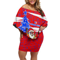 Puerto Rico Christmas Family Matching Off Shoulder Short Dress and Hawaiian Shirt with Dancing Santa Reindeer Blue Tree and Festive Flag Design - Wonder Print Shop