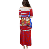 Puerto Rico Christmas Family Matching Puletasi and Hawaiian Shirt with Dancing Santa Reindeer Blue Tree and Festive Flag Design - Wonder Print Shop