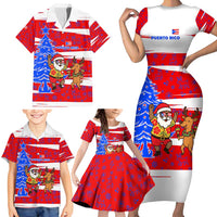 Puerto Rico Christmas Family Matching Short Sleeve Bodycon Dress and Hawaiian Shirt with Dancing Santa Reindeer Blue Tree and Festive Flag Design - Wonder Print Shop