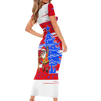 Puerto Rico Christmas Family Matching Short Sleeve Bodycon Dress and Hawaiian Shirt with Dancing Santa Reindeer Blue Tree and Festive Flag Design - Wonder Print Shop