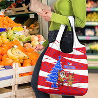 Puerto Rico Christmas Grocery Bag with Dancing Santa Reindeer Blue Tree and Festive Flag Design - Wonder Print Shop