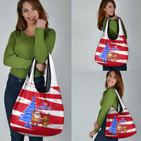 Puerto Rico Christmas Grocery Bag with Dancing Santa Reindeer Blue Tree and Festive Flag Design - Wonder Print Shop