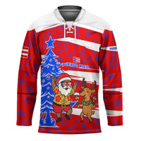 Puerto Rico Christmas Hockey Jersey with Dancing Santa Reindeer Blue Tree and Festive Flag Design - Wonder Print Shop