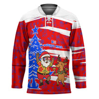 Puerto Rico Christmas Hockey Jersey with Dancing Santa Reindeer Blue Tree and Festive Flag Design - Wonder Print Shop