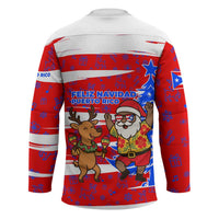 Puerto Rico Christmas Hockey Jersey with Dancing Santa Reindeer Blue Tree and Festive Flag Design - Wonder Print Shop