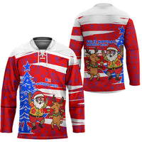 Puerto Rico Christmas Hockey Jersey with Dancing Santa Reindeer Blue Tree and Festive Flag Design - Wonder Print Shop