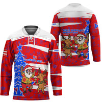 Puerto Rico Christmas Hockey Jersey with Dancing Santa Reindeer Blue Tree and Festive Flag Design - Wonder Print Shop