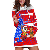 Puerto Rico Christmas Hoodie Dress with Dancing Santa Reindeer Blue Tree and Festive Flag Design - Wonder Print Shop