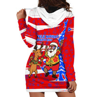 Puerto Rico Christmas Hoodie Dress with Dancing Santa Reindeer Blue Tree and Festive Flag Design - Wonder Print Shop