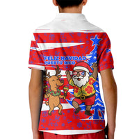 Puerto Rico Christmas Kid Polo Shirt with Dancing Santa Reindeer Blue Tree and Festive Flag Design - Wonder Print Shop