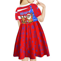 Puerto Rico Christmas Kid Short Sleeve Dress with Dancing Santa Reindeer Blue Tree and Festive Flag Design - Wonder Print Shop