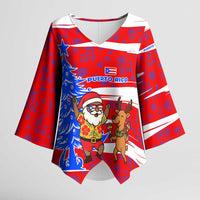 Puerto Rico Christmas Kimono Sleeve Blouse with Dancing Santa Reindeer Blue Tree and Festive Flag Design - Wonder Print Shop