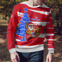 Puerto Rico Christmas Ugly Christmas Sweater with Dancing Santa Reindeer Blue Tree and Festive Flag Design - Wonder Print Shop