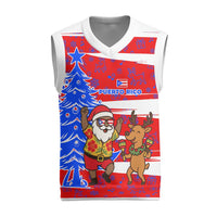 Puerto Rico Christmas Knitted V-Neck Vest with Dancing Santa Reindeer Blue Tree and Festive Flag Design - Wonder Print Shop