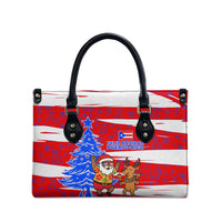 Puerto Rico Christmas Leather Bag with Dancing Santa Reindeer Blue Tree and Festive Flag Design - Wonder Print Shop