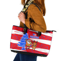 Puerto Rico Christmas Leather Tote Bag with Dancing Santa Reindeer Blue Tree and Festive Flag Design - Wonder Print Shop
