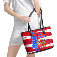 Puerto Rico Christmas Leather Tote Bag with Dancing Santa Reindeer Blue Tree and Festive Flag Design - Wonder Print Shop