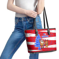 Puerto Rico Christmas Leather Tote Bag with Dancing Santa Reindeer Blue Tree and Festive Flag Design - Wonder Print Shop