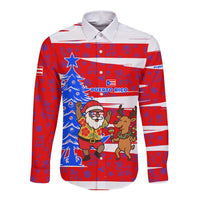Puerto Rico Christmas Long Sleeve Button Shirt with Dancing Santa Reindeer Blue Tree and Festive Flag Design - Wonder Print Shop