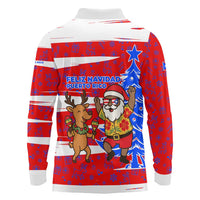 Puerto Rico Christmas Long Sleeve Polo Shirt with Dancing Santa Reindeer Blue Tree and Festive Flag Design - Wonder Print Shop