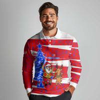 Puerto Rico Christmas Long Sleeve Polo Shirt with Dancing Santa Reindeer Blue Tree and Festive Flag Design - Wonder Print Shop