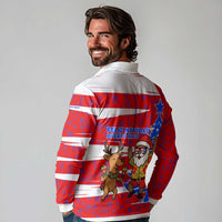 Puerto Rico Christmas Long Sleeve Polo Shirt with Dancing Santa Reindeer Blue Tree and Festive Flag Design - Wonder Print Shop
