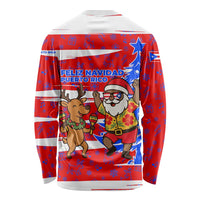 Puerto Rico Christmas Long Sleeve Shirt with Dancing Santa Reindeer Blue Tree and Festive Flag Design - Wonder Print Shop