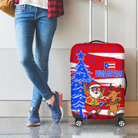 Puerto Rico Christmas Luggage Cover with Dancing Santa Reindeer Blue Tree and Festive Flag Design - Wonder Print Shop