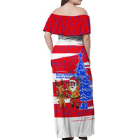 Puerto Rico Christmas Off Shoulder Maxi Dress with Dancing Santa Reindeer Blue Tree and Festive Flag Design - Wonder Print Shop