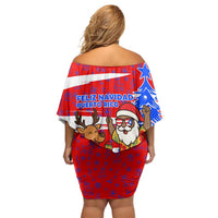 Puerto Rico Christmas Off Shoulder Short Dress with Dancing Santa Reindeer Blue Tree and Festive Flag Design - Wonder Print Shop