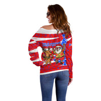 Puerto Rico Christmas Off Shoulder Sweater with Dancing Santa Reindeer Blue Tree and Festive Flag Design - Wonder Print Shop